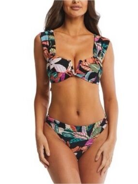 Time and Tru Floral Black Bikini Set - Pink & Green Accents